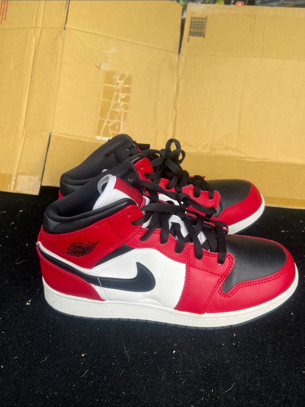 Nike Kids Red Black White Mid-Top Sneakers with Black Swoosh